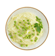 Plate with mashed potatoes and green peas on white background
