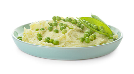 Plate with mashed potatoes and green peas on white background