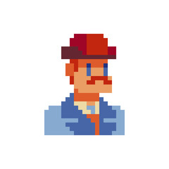 English man character, gentleman, pixel art icon, isolated vector illustration, male character. Avatar, portrait, profile picture. Design for sticker, logo shop, mobile app. 8-bit.