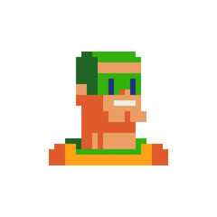 Men superhero character. Avatar, portrait, profile picture. Super man in a mask. Pixel art. Design of 80s. Flat style. Game assets. 8-bit. Isolated vector illustration.