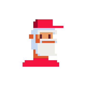Old gray-haired man with a beard and red hat, pixel art character. Avatar, portrait, profile picture. Flat style. Game assets. 8-bit. Isolated vector illustration.  