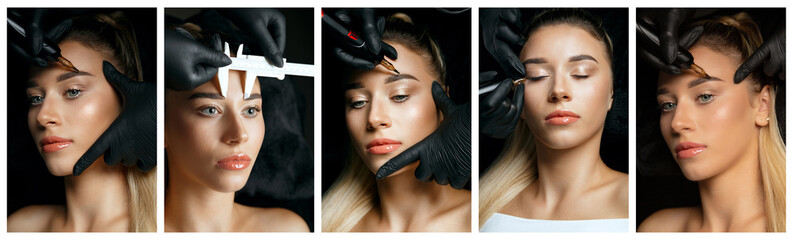 Collage of shots: woman having permanent brow procedure