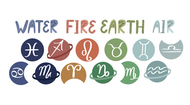 Set of hand written zodiac signs icons. Water, fire, earth and air horoscope signs.