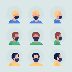 Virus protection semi flat color vector character avatar with mask set. Portrait with respirator from front, side view. Isolated modern cartoon style illustration for graphic design and animation pack