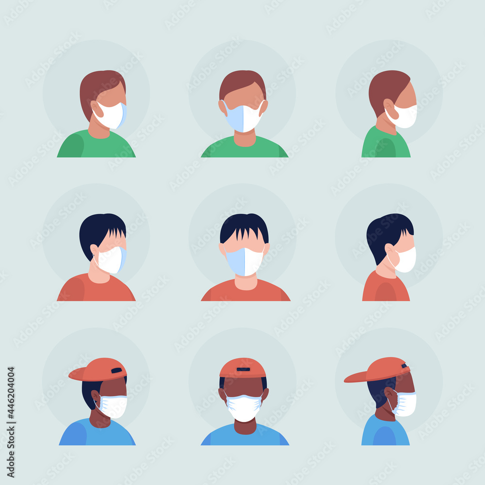 Poster surgical white masks semi flat color vector character avatar set. portrait with respirator from fron