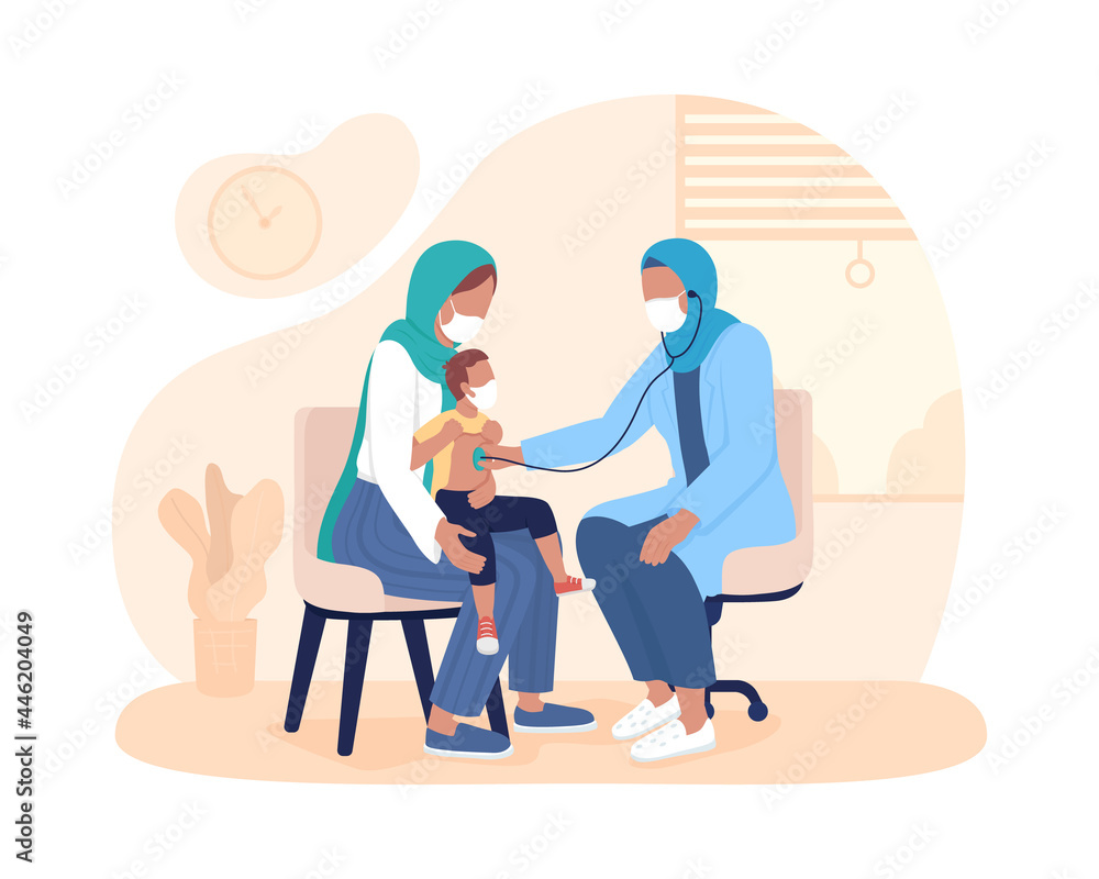 Aufkleber child checkup with parent 2d vector isolated illustration. listen breathing using stethoscope flat c