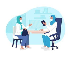Physician office visit 2D vector isolated illustration. Routine medical appointment flat characters on cartoon background. Gaining professional health advice and treatment plan colourful scene