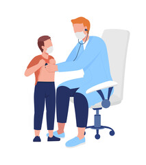 Doctor performs lung assessment for patient semi flat color vector characters. Full body people on white. Child hospital isolated modern cartoon style illustration for graphic design and animation