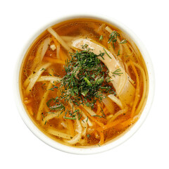 Isolated chicken noodle soup with dill on white background