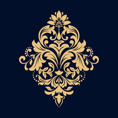 Damask graphic ornament. Floral design element. Gold and dark blue vector pattern
