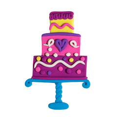 Plasticine birthday cake with cream and decoration. Handmade clay illustration art. Ideal for nursery apparel, design, prints.