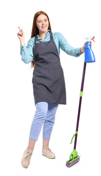 Young Woman With Cleaning Supplies And Raised Index Finger On White Background