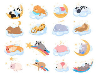 Collection cartoon sleeping animals vector illustration funny asleep relaxing pets and wild animal