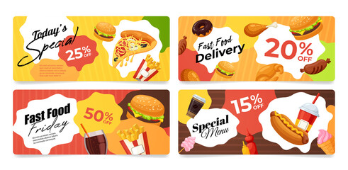 Collection of fast food banner vector illustration advertising discount, special offer and delivery