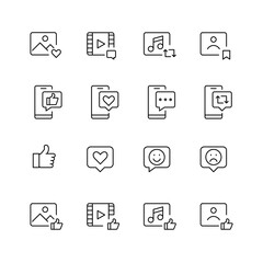 Social media interaction icons. Like, thumbs up, save, emoji, repost and share signs. Video, photo, user and messages. Pixel perfect, editable stroke.