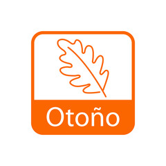 Icono con texto Otoño en español con silueta de hoja de roble en cuadrado de color naranja