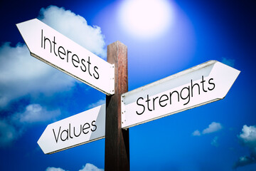 Values, interests, strenghts concept - signpost with three arrows