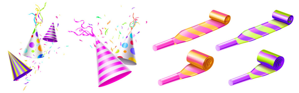 Party Hats Horn Blowers With Color Stripes Dots