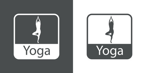 Icono con palabra Yoga y silueta de mujer de pie en postura del árbol en cuadrado en fondo gris y fondo blanco