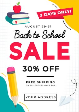 Back to school sale colorful poster design with educational school supplies and sale text. Cartoon background for school shopping, promotion, poster, invitation etc. Vector illustration