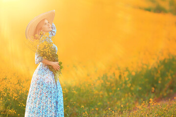 bouquet of wildflowers girl summer female, nature woman outside in dress, sunny yellow happiness