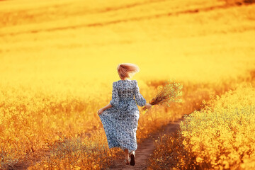 bouquet of wildflowers girl summer female, nature woman outside in dress, sunny yellow happiness