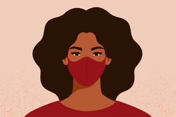 African American woman breathing through a face protective mask to protect against coronavirus and air pollution, fine dust, smog. Health care and medical concept. Vector illustration.