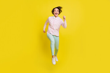 Fototapeta na wymiar Full length body size photo of crazy girl hurrying up running fast on sale isolated vibrant yellow color background