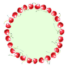 Round frame, border of watercolor single Cherries. Hand drawn bright decoration, images of berry in sketch style