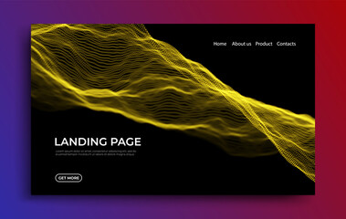 Abstract landing page background with gold particles. Flow wave with dot landscape. Digital data structure. Future mesh or sound grid. Pattern point visualization. Technology vector illustration.