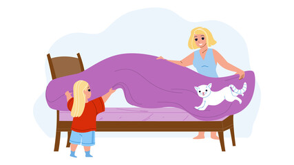 Mother And Daughter Make Bed With Bedsheet Vector. Woman And Girl Covering Bed With Coverlet In Bedroom Together. Characters Housekeeping And Morning Routine Flat Cartoon Illustration