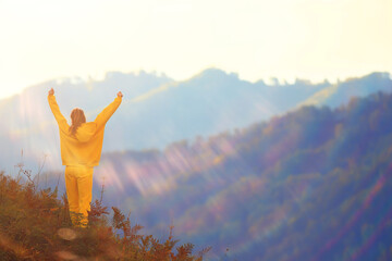 mountain girl raised her hands up, adventure, nature freedom female
