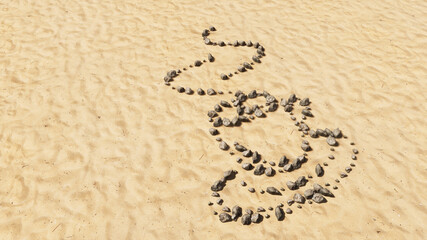 Concept or conceptual stones on beach sand handmade symbol shape, golden sandy background, sign of a hot cup of coffee, cappuccino or espresso. 3d illustration metaphor for morning, restaurant, break 