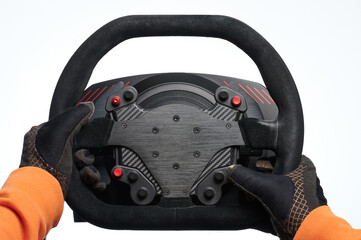 Naklejka premium Racer hands in gloves hold black steering wheel