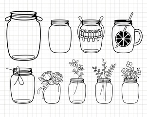 Mason jar vintage design. Empty containers. Silhouette vector flat illustration. Cutting file. Suitable for cutting software. Cricut, Silhouette - obrazy, fototapety, plakaty