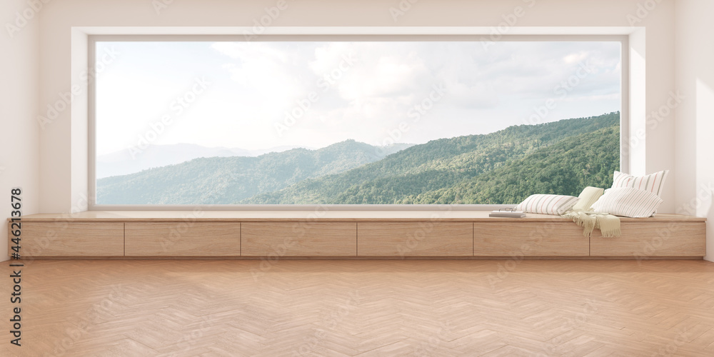 Poster 3d rendering of modern empty room with wooden seat and herringbone floor on mountain background, Large window.