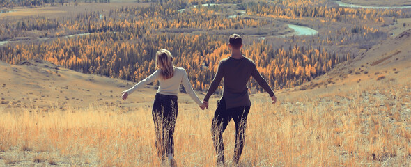 couple autumn altai lovers mountains, active adventures, travel happy tourism