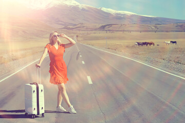 female concept hitchhiking dress luggage, woman travel tourist