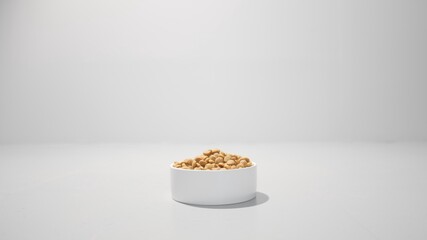 Dry pet food or meal in a white container. Studio white background high quality close-up photo image.
