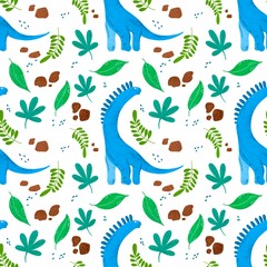 Seamless pattern with blue diplodocus for children products 