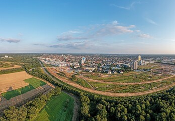 Drone image of German city Langen in southern Hesse during sunset