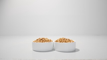 Dry pet food or meal in two white containers. Studio white background high quality close-up photo image.