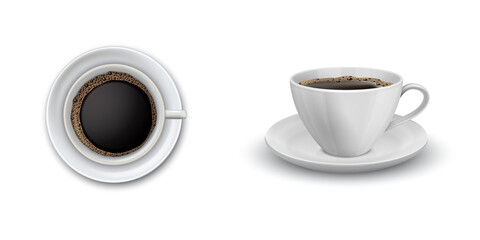 Modern realistic icon st with black coffee cup front and top view