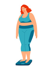 Color vector illustration of a girl standing on the scales. A fat sad girl wants to lose weight. Fat girl in a sports uniform isolated from a white background.