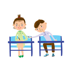 Schoolchildren sitting at their desks in school class. Girl writes and boy gives her a note. Back to school vector illustration.