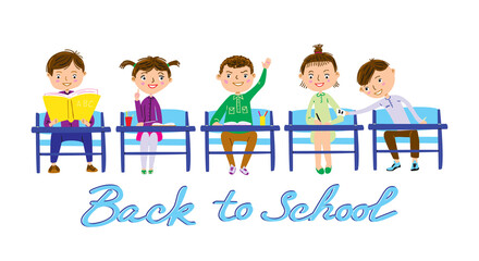 Cartoon schoolboys and schoolgirls vector set. Joyful children sitting at their desks. Back to school vector illustration.