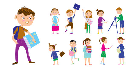 Set of different schoolchildren characters. Back to school vector illustration.