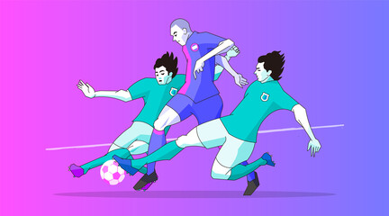 Try to prevent a soccer player who breaks through from being caught in a tackle, digital color background. Vector