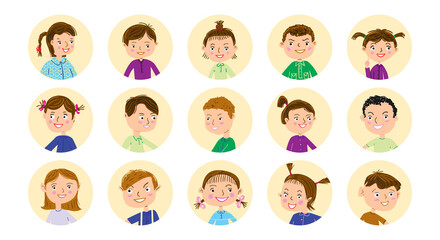 Cute children avatar characters. Vector set of cartoon userpic icon.