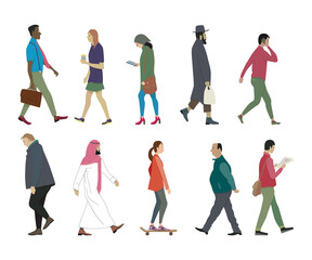 Fototapeta na wymiar Walking people set. Men and women, multicultural and multiracial, on foot and on skateboard, with bag, newspaper and phone, elderly and young.